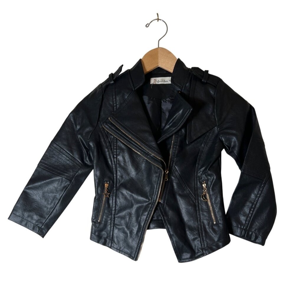 Doe a Dear Children's Size 5 Black Vegan Leather Moto Biker‎ Style Zip Jacket